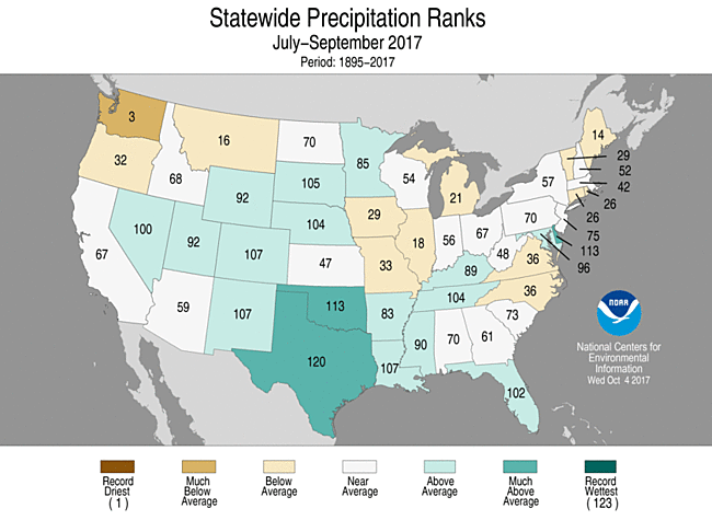 Map showing July-September 2017 state precipitation ranks