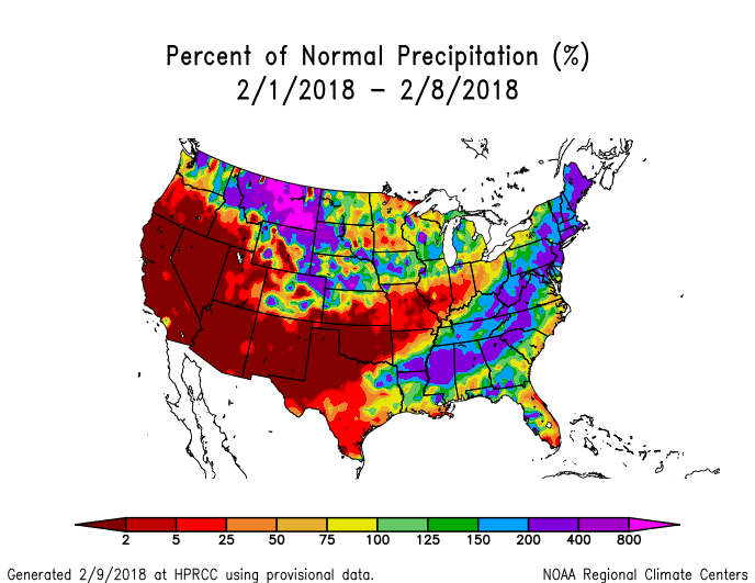 Precipitation anomalies (percent of normal) for the CONUS for February 1-8, 2018