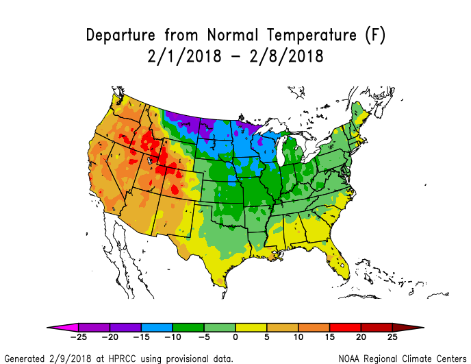 Temperature anomalies (departure from normal) for the CONUS for February 1-8, 2018