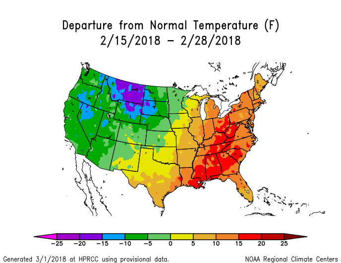 Temperature anomalies (departure from normal) for the CONUS for February 15-28, 2018