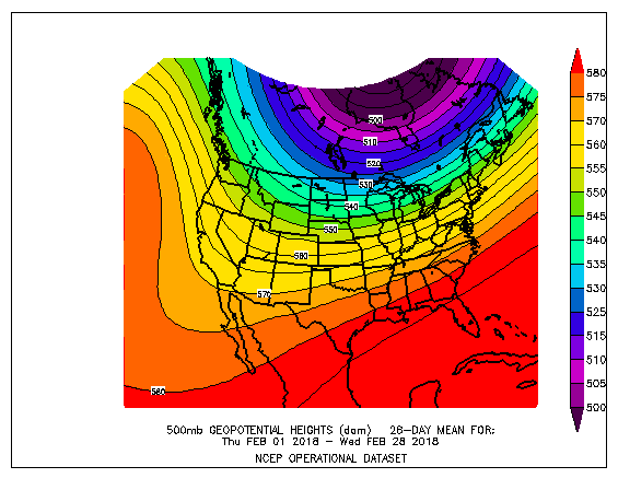 500-mb mean circulation for the CONUS for February 2018