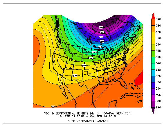 500-mb mean circulation for the CONUS for February 9-14, 2018, showing a transitional pattern to a long-wave trough in the West and ridge in the East