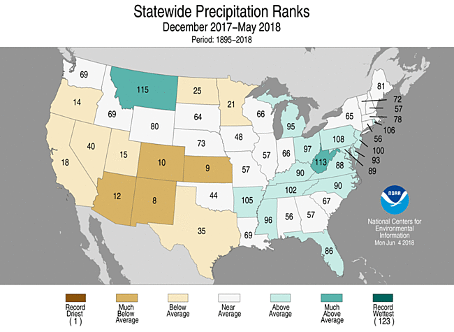 Map showing December 2017-May 2018 state precipitation ranks