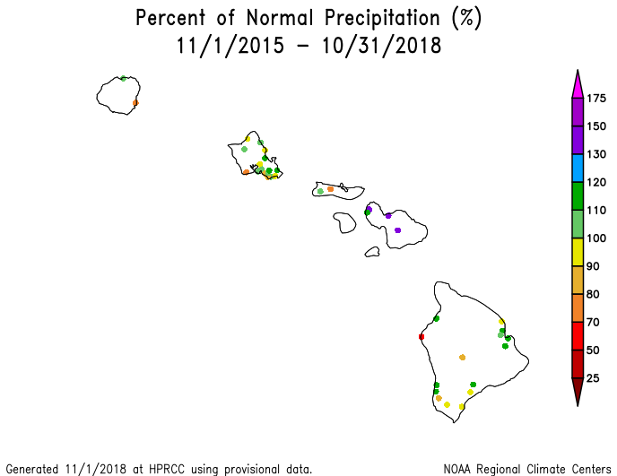 Map of 36-month percent of normal precipitation for Hawaii, through October 2018