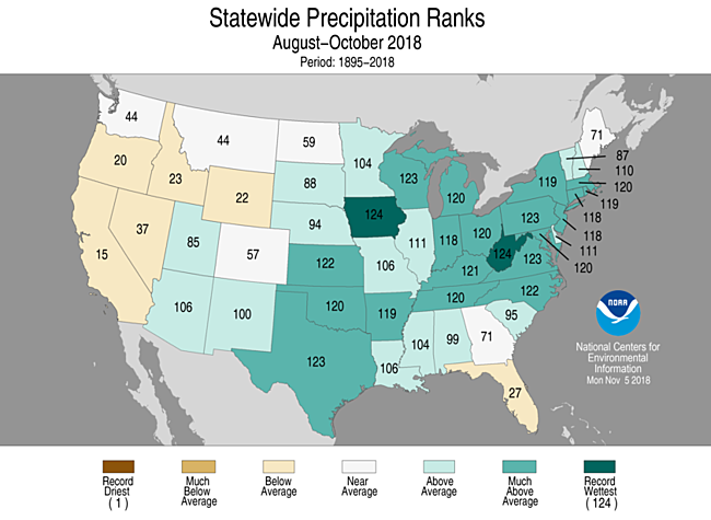 Map showing August-October 2018 state precipitation ranks