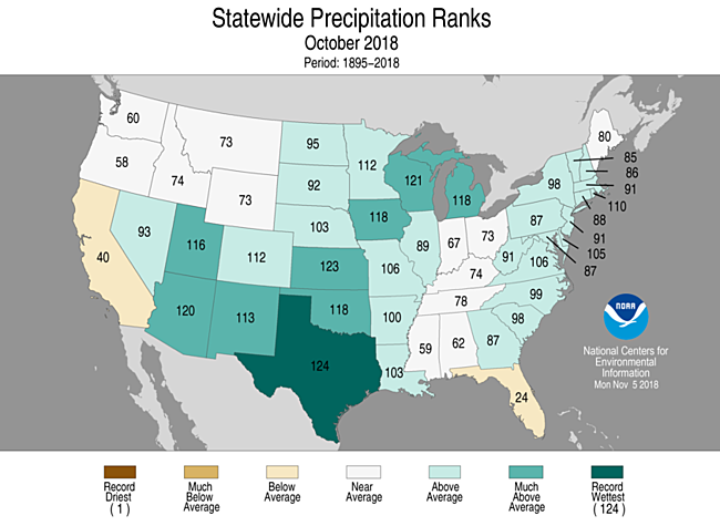 Map showing October 2018 state precipitation ranks