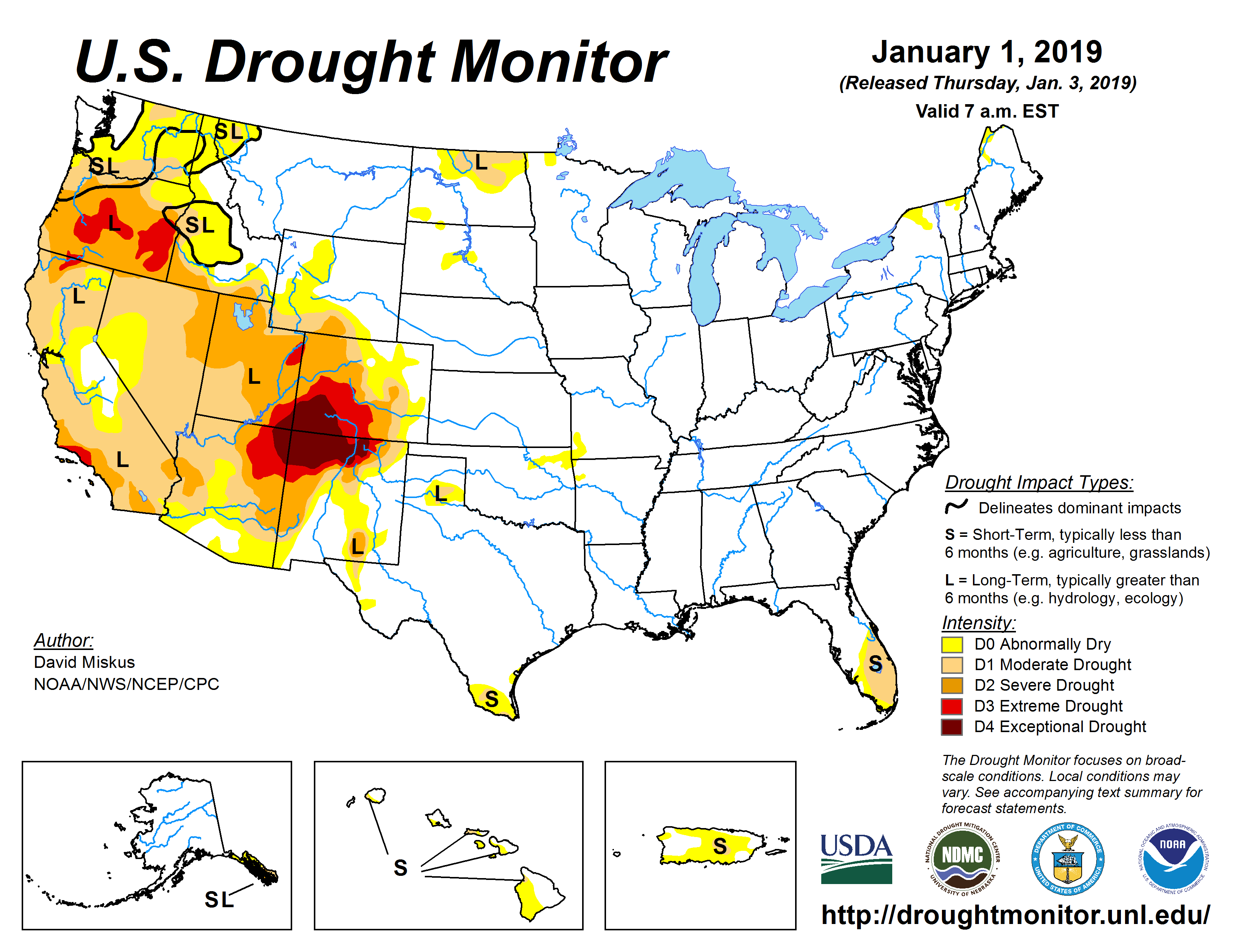 The U.S. Drought Monitor drought map valid January 1, 2019