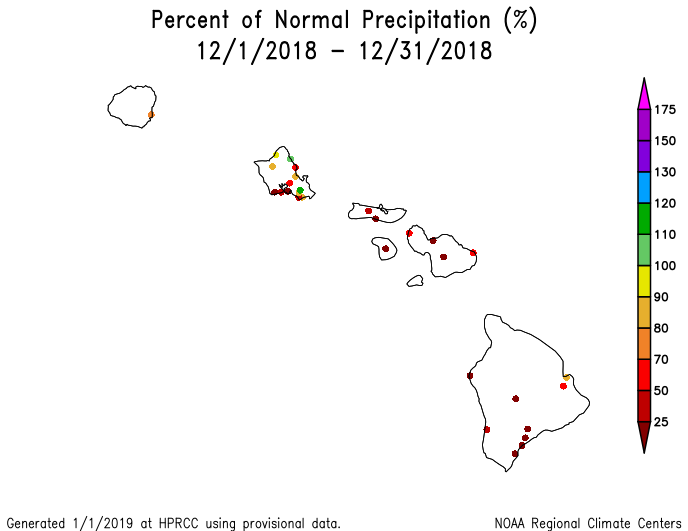 Map of December 2018 percent of normal precipitation for Hawaii