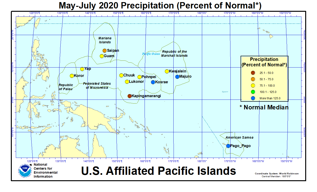 Map of U.S. Affiliated Pacific Islands May 2020-July 2020 Percent of Normal Precipitation