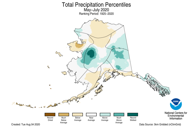 Gridded precipitation percentile map for Alaska, May-July 2020