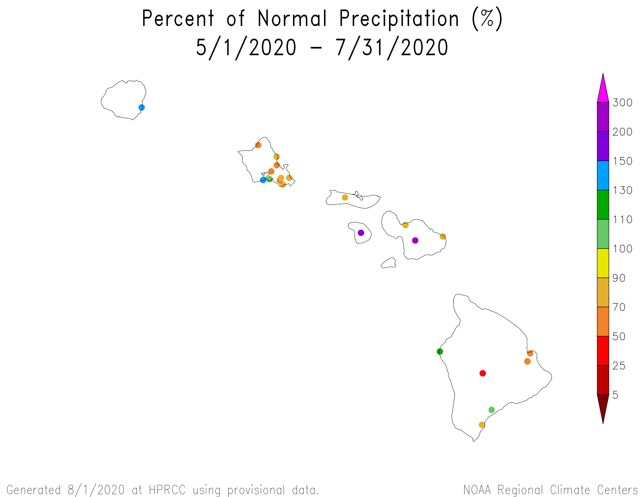 Hawaii percent of normal precipitation map, May-July 2020