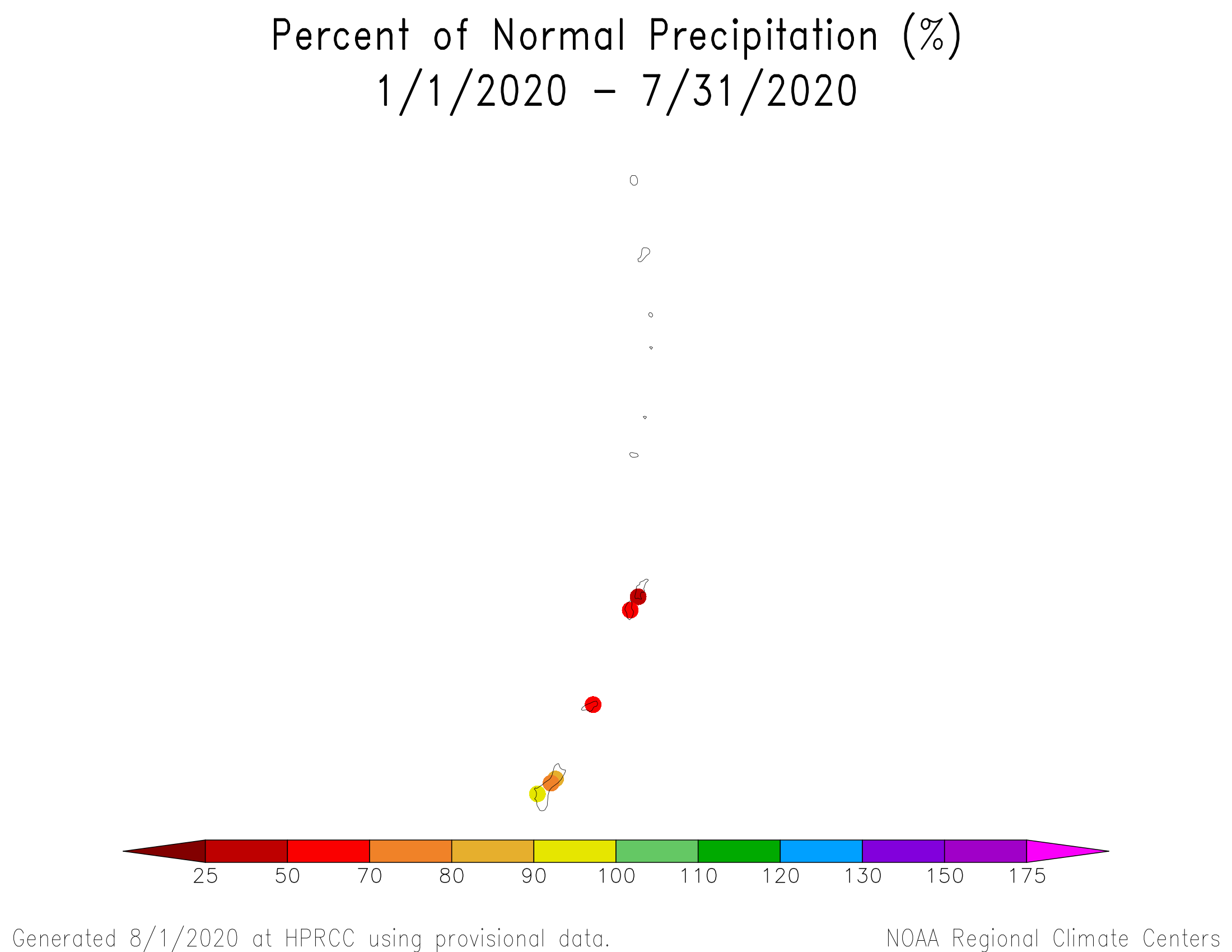 Percent of normal precipitation map for January-July 2020 for the Marianas Islands