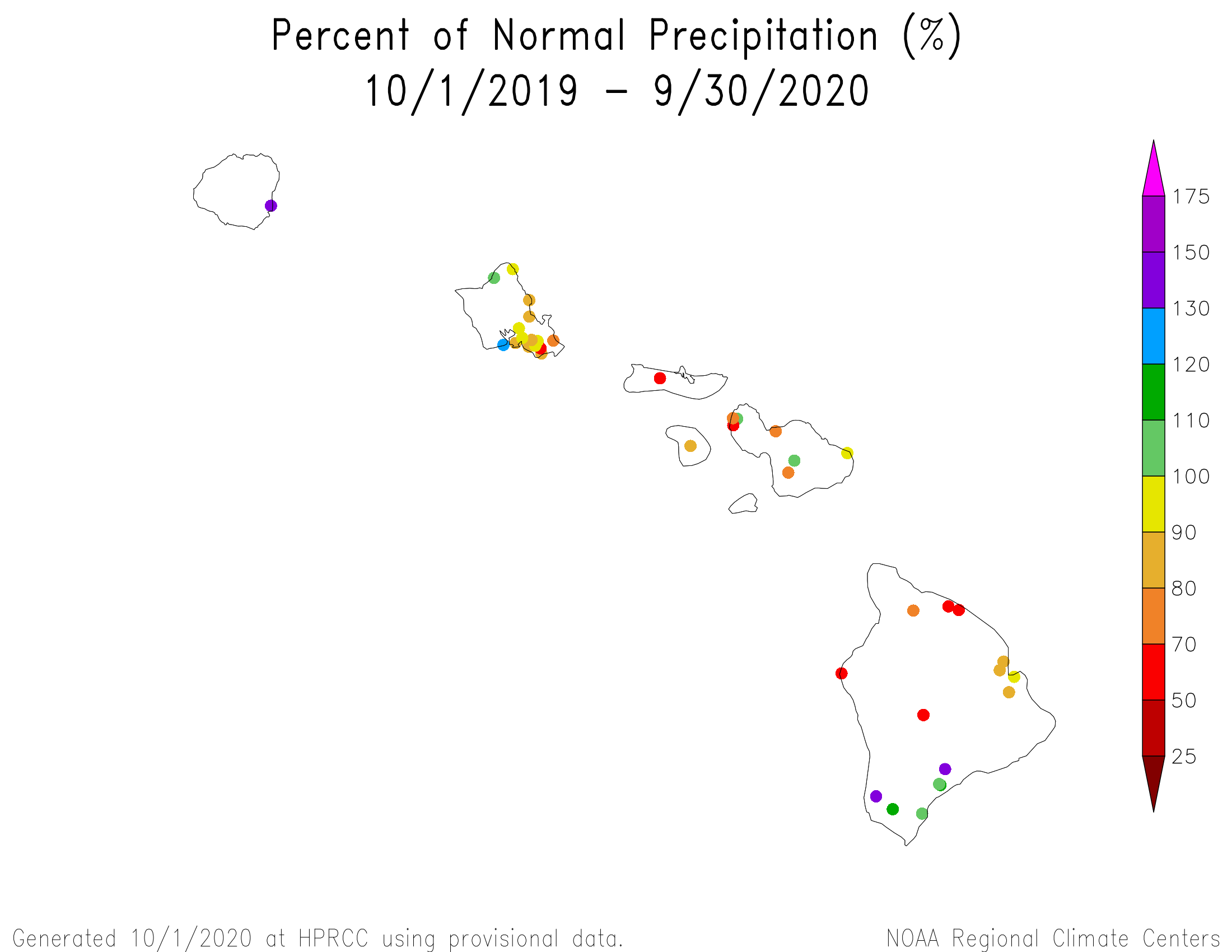 Hawaii Percent of Normal Precipitation, October 2019-September 2020