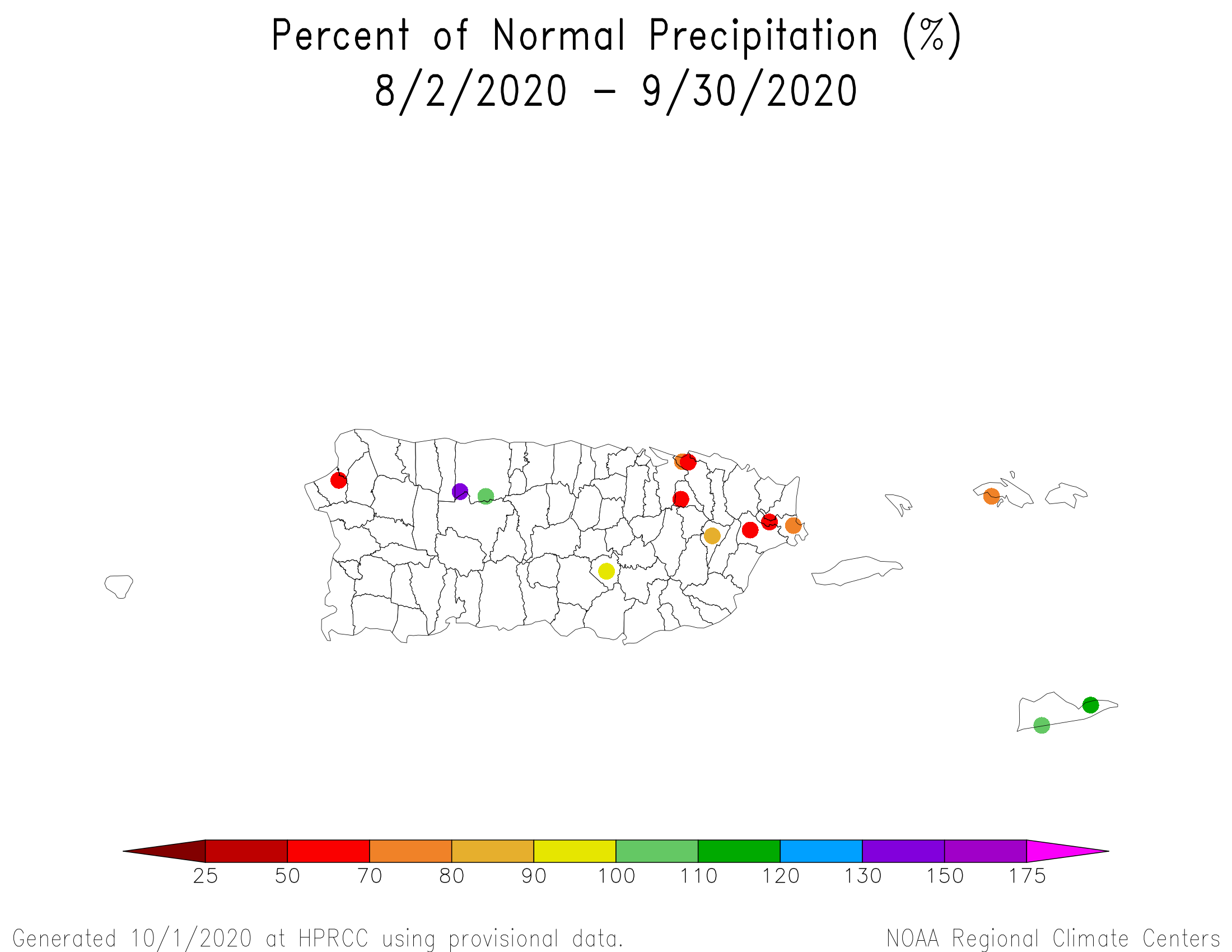 Puerto Rico and US Virgin Islands Percent of Normal Precipitation, August-September 2020