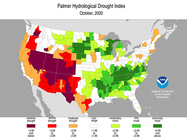October 2020 Palmer Hydrological Drought Index