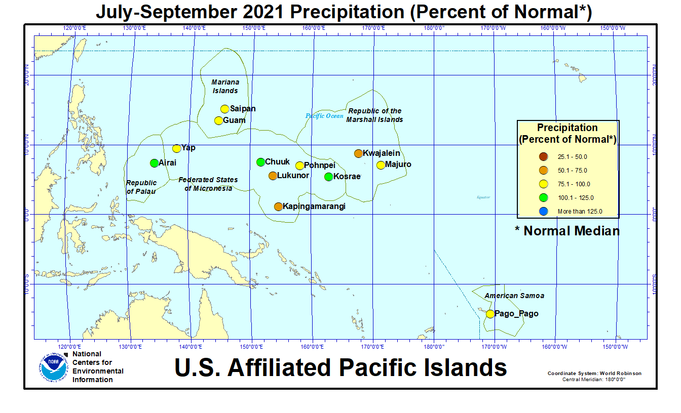 Map of U.S. Affiliated Pacific Islands July 2021-September 2021 Percent of Normal Precipitation