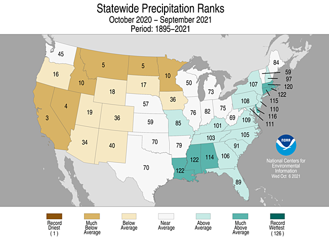 Map showing October 2020-September 2021 state precipitation ranks