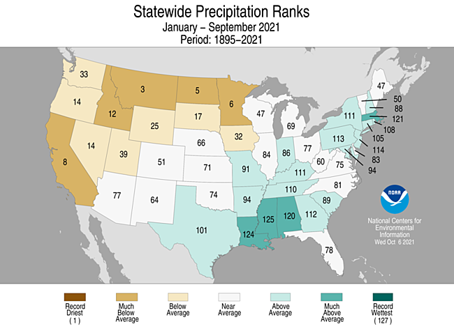 Map showing January-September 2021 state precipitation ranks
