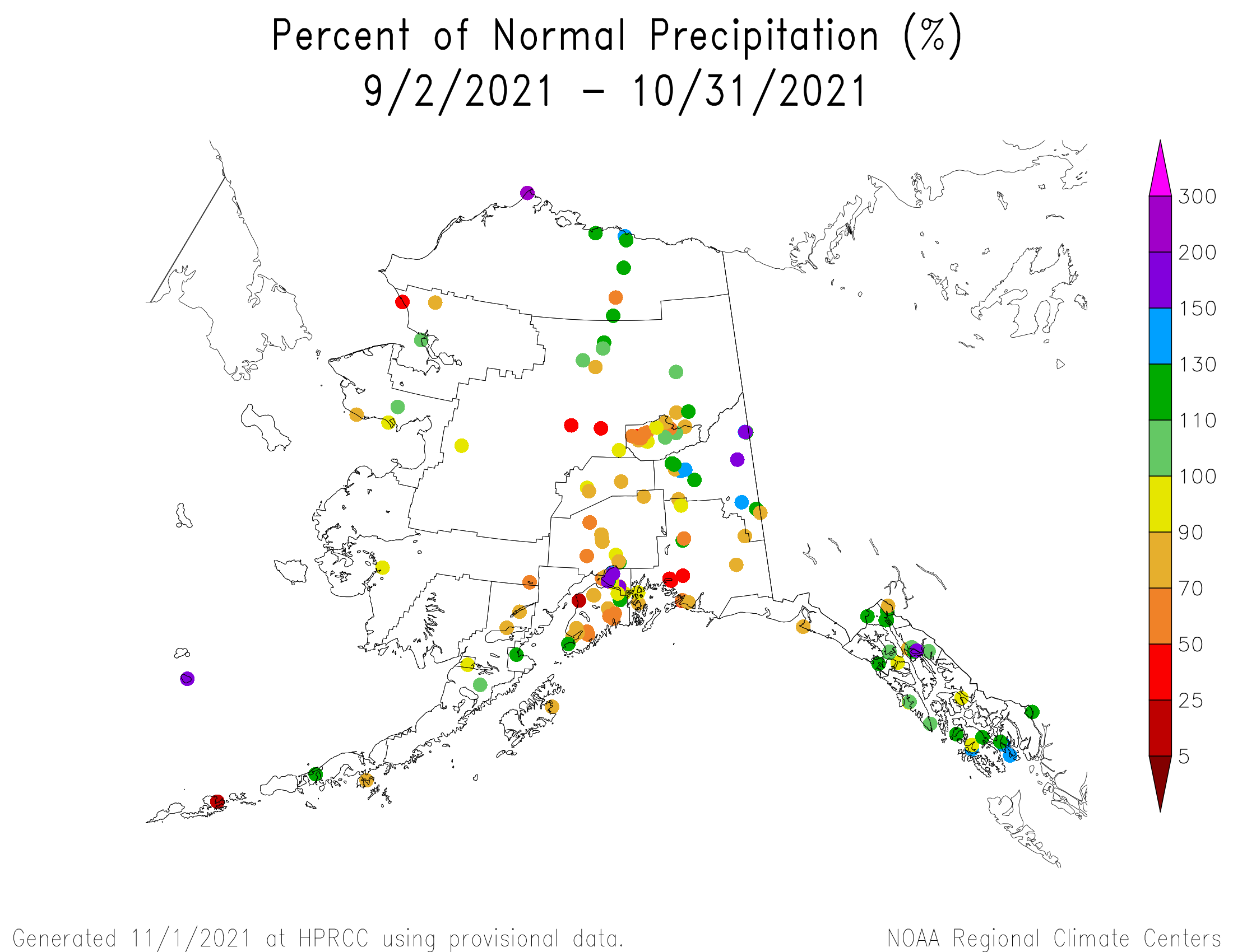 Alaska Percent of Normal Precipitation, September-October 2021