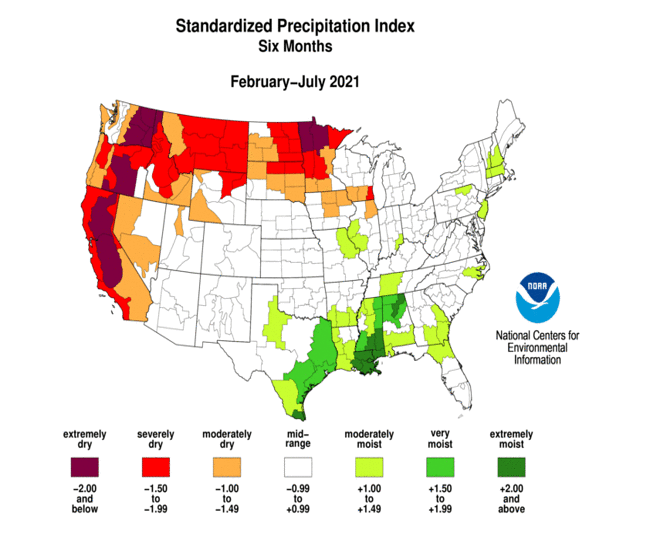 Map of Standardized Precipitation Index for February-July 2021