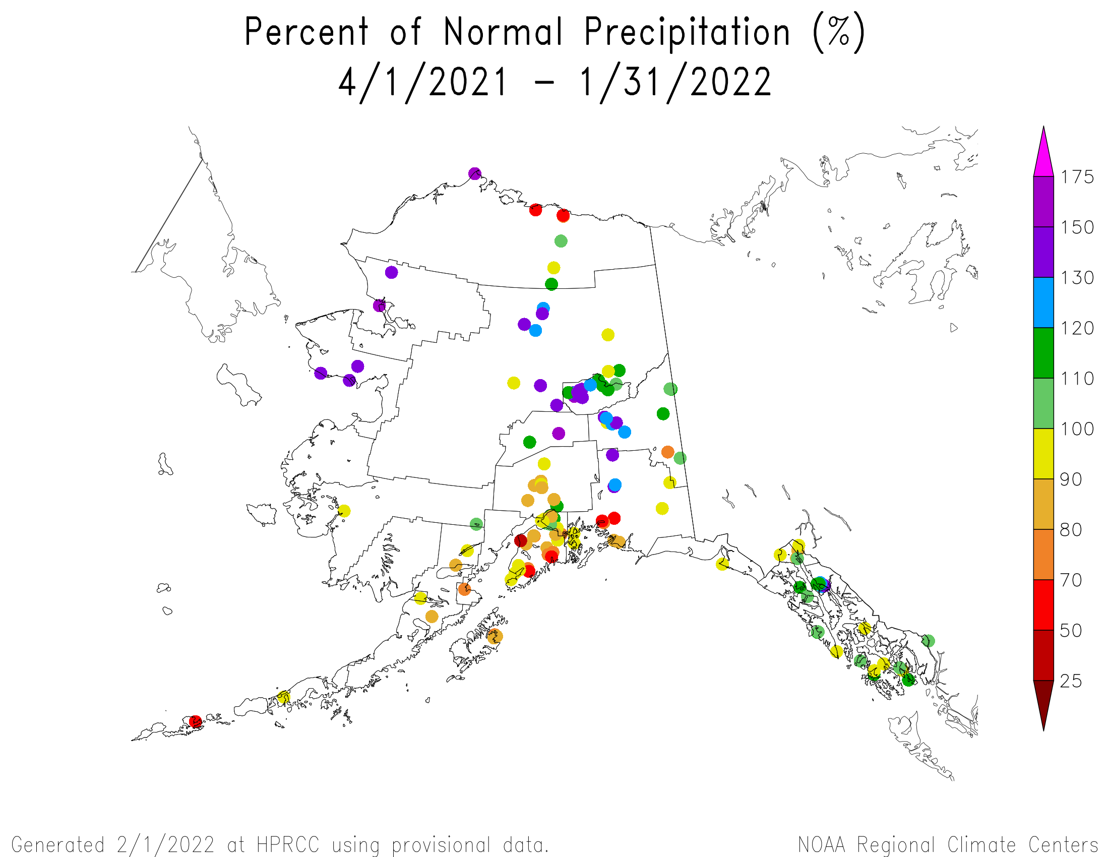 Alaska Percent of Normal Precipitation, April 2021-January 2022