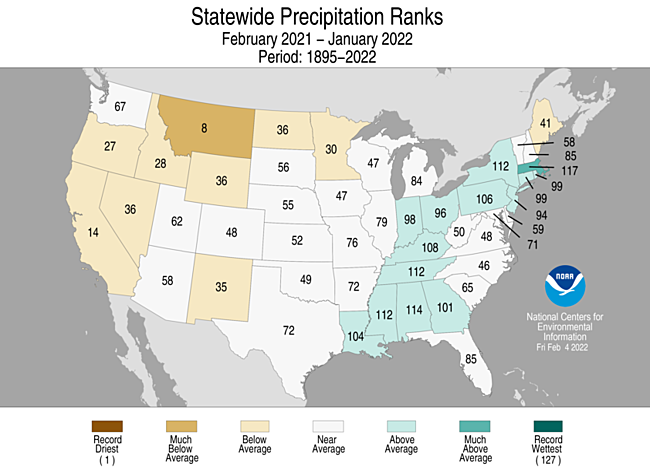 Map showing February 2021-January 2022 state precipitation ranks