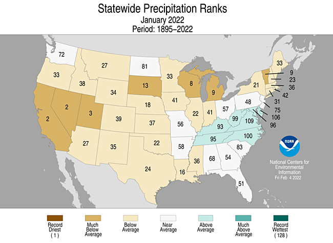 Map showing January 2022 state precipitation ranks