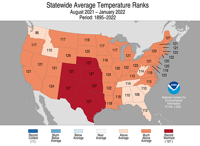 Map showing August 2021-January 2022 state temperature ranks