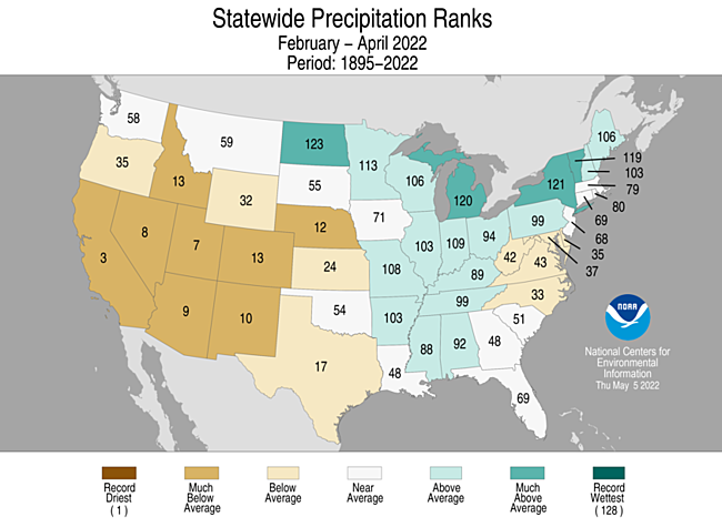Map showing February-April 2022 state precipitation ranks