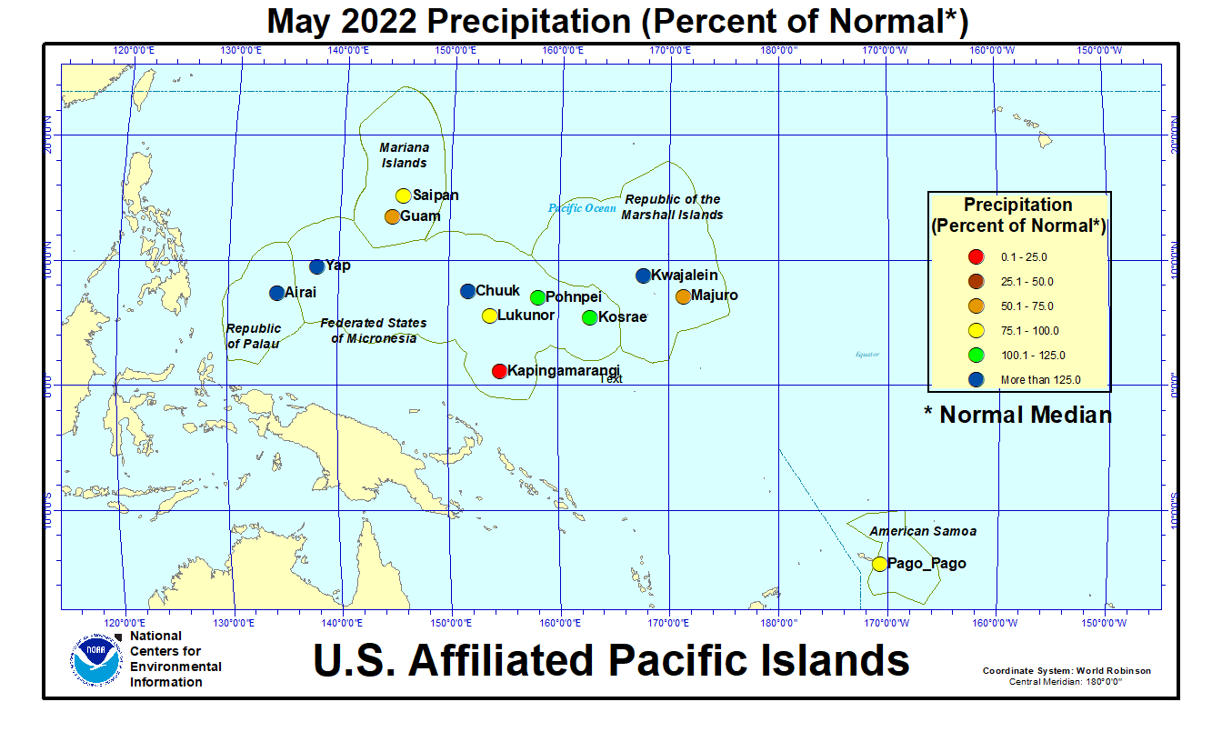 Map of U.S. Affiliated Pacific Islands May 2022 Percent of Normal Precipitation