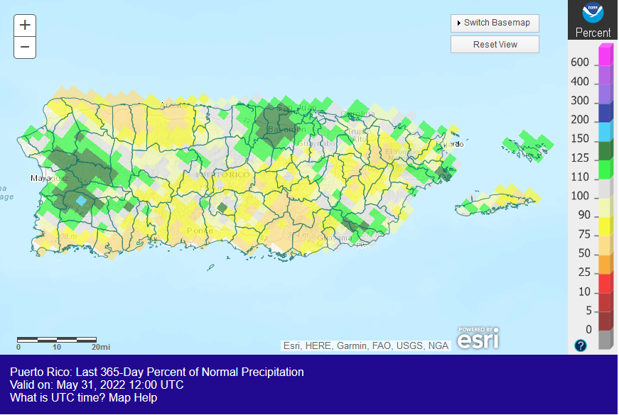 Puerto Rico Percent of Normal Precipitation, June 2021-May 2022