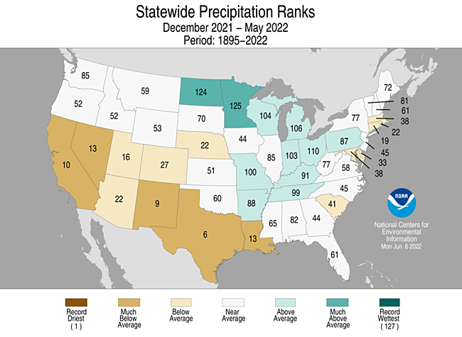 Map showing December 2021-May 2022 state precipitation ranks