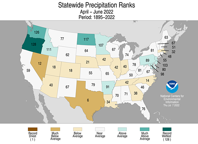 Map showing April-June 2022 state precipitation ranks