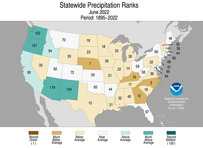 Map showing June 2022 state precipitation ranks