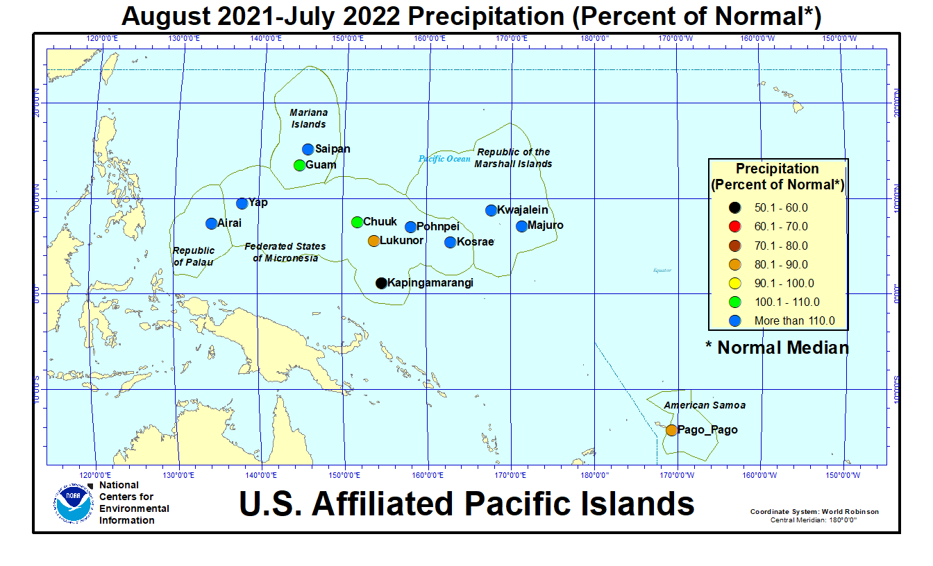 Map of USAPI August 2021-July 2022 Percent of Normal Precipitation