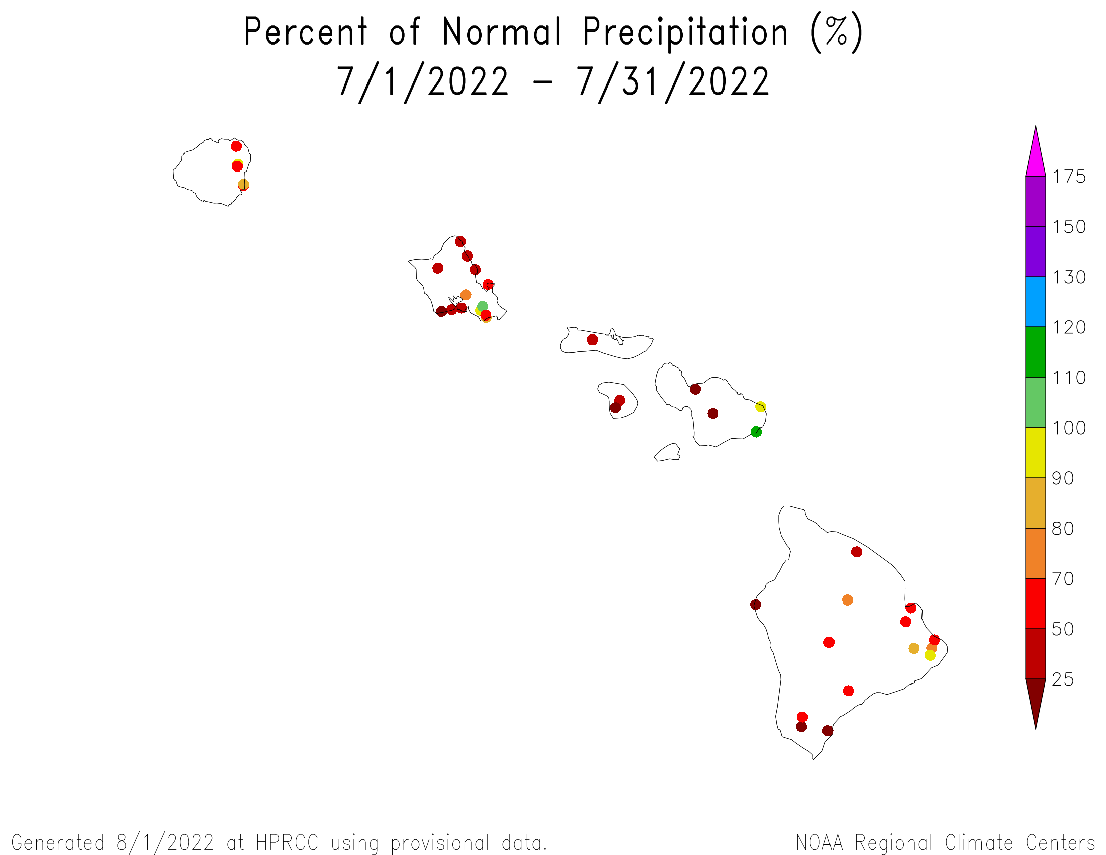 Hawaii Percent of Normal Precipitation, July 2022