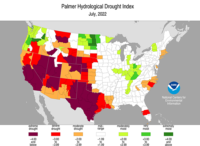 July 2022 Palmer Hydrological Drought Index