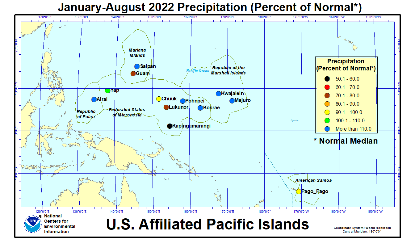 Map of USAPI January-August 2022 Percent of Normal Precipitation