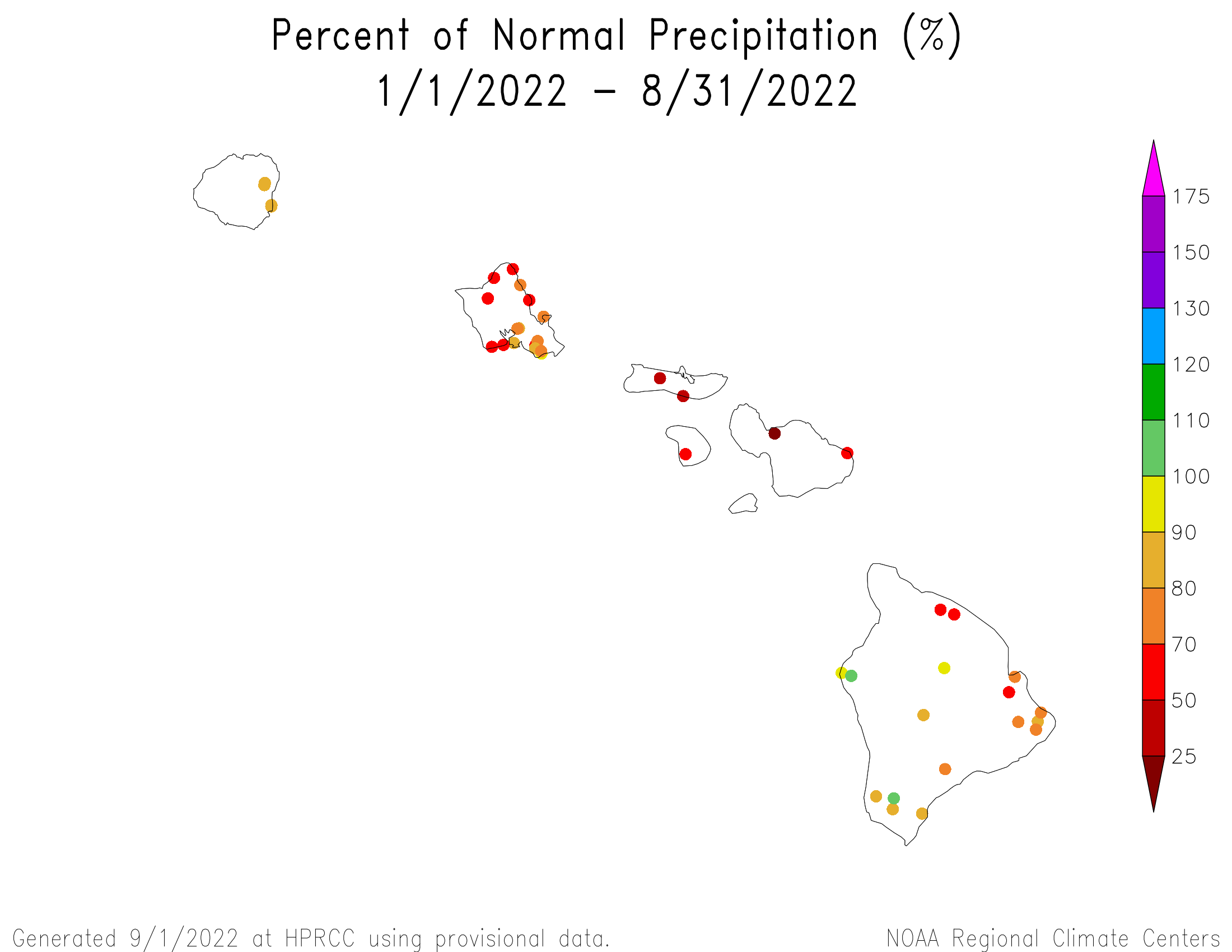 Hawaii Percent of Normal Precipitation, January-August 2022