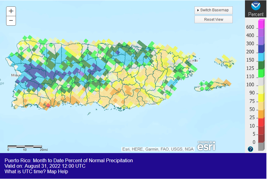 Puerto Rico Percent of Normal Precipitation, August 2022