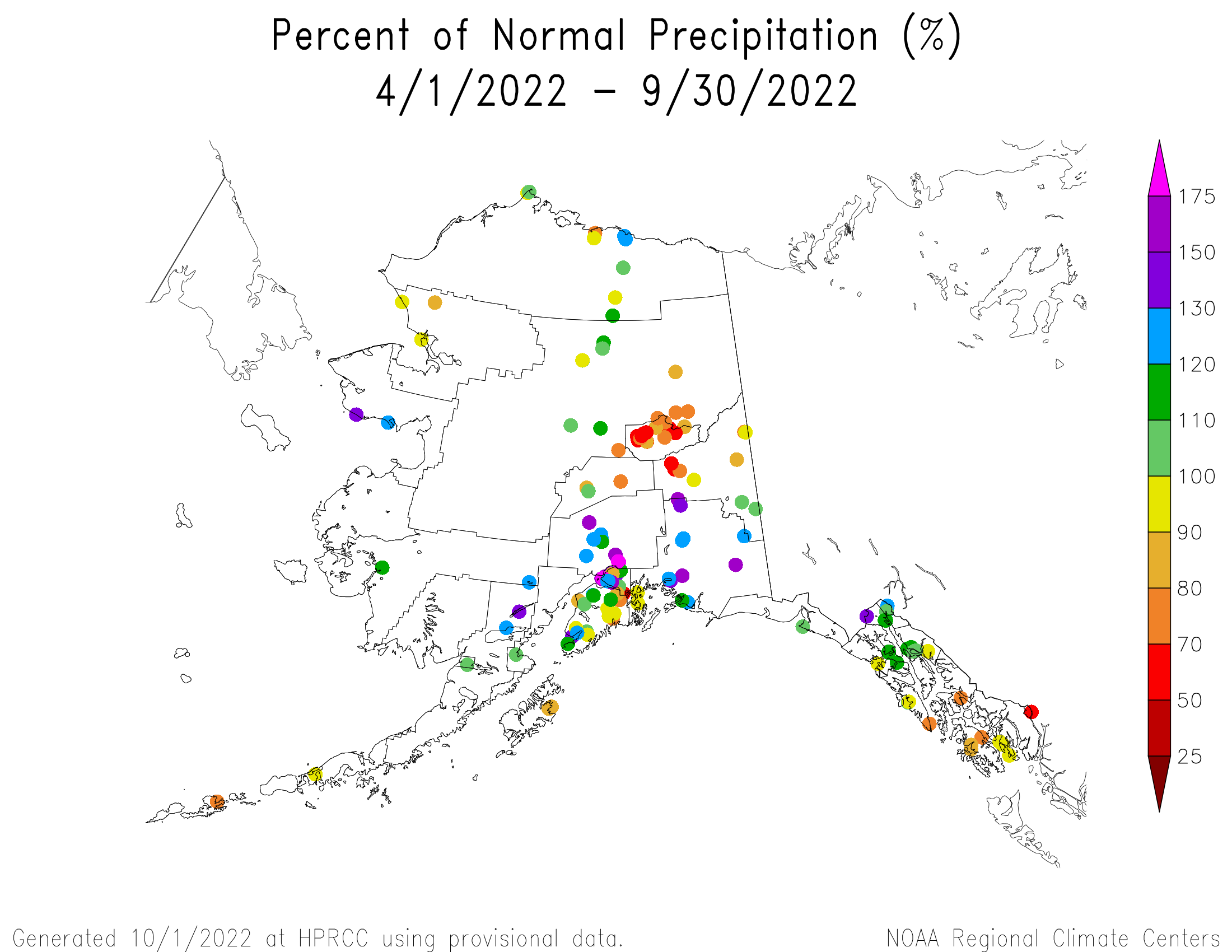 Alaska Percent of Normal Precipitation, April-September 2022