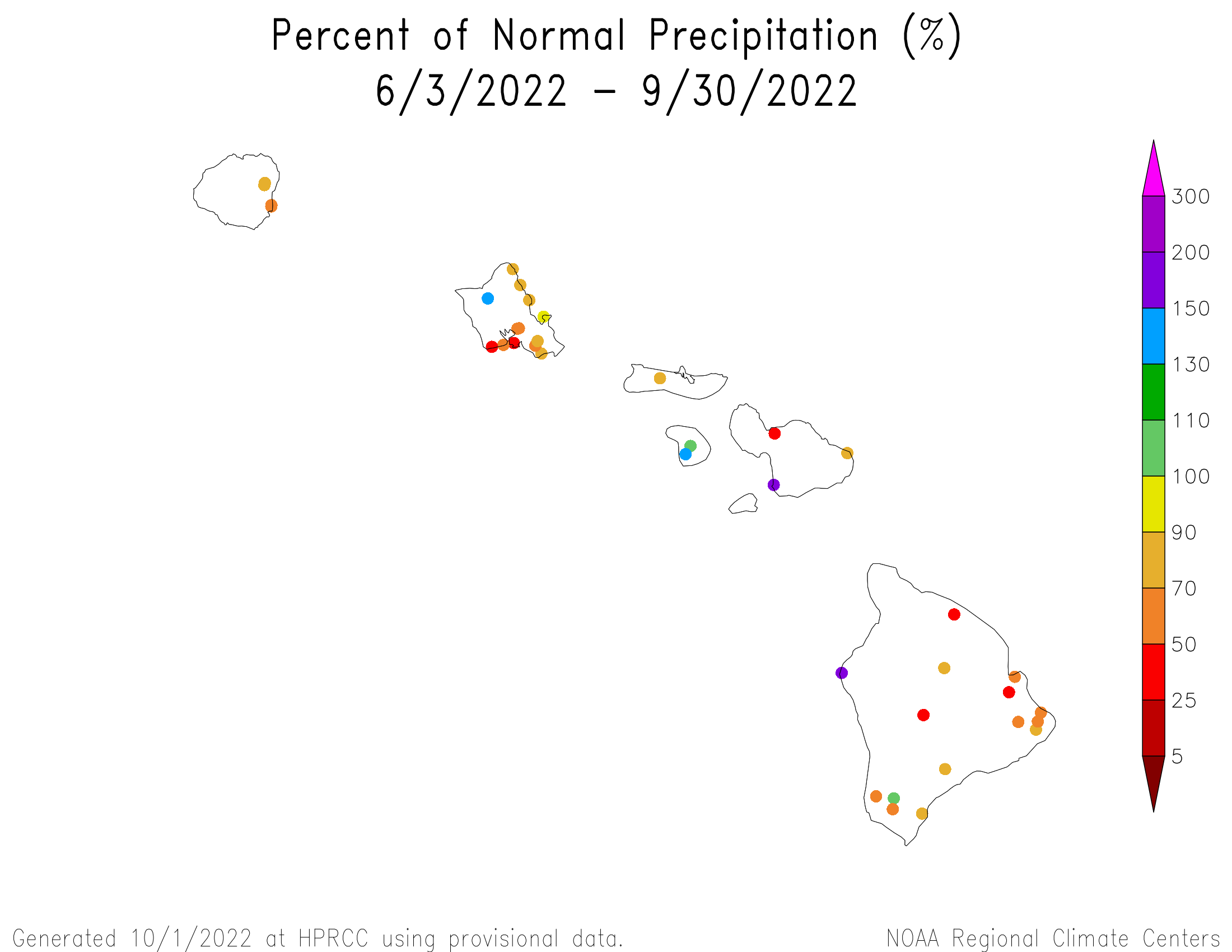 Hawaii Percent of Normal Precipitation, June-September 2022