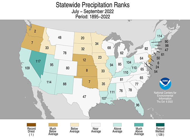 Map showing July-September 2022 state precipitation ranks