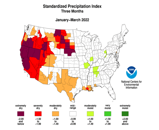 Standardized Precipitation Index map, January-March 2022