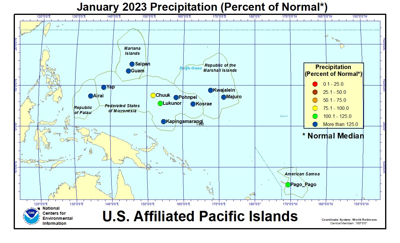 Map of USAPI January 2023 Percent of Normal Precipitation