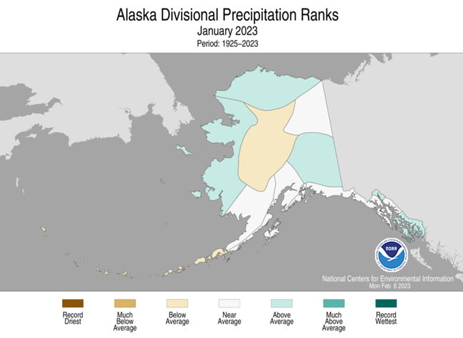 Alaska Climate Division Precipitation Ranks, January 2023