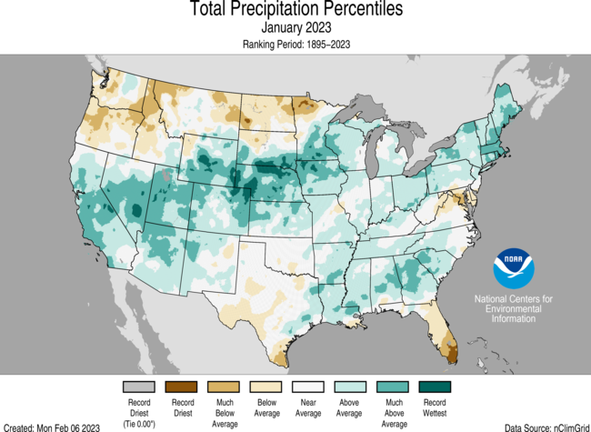 January 2023 precipitation percentiles for the CONUS