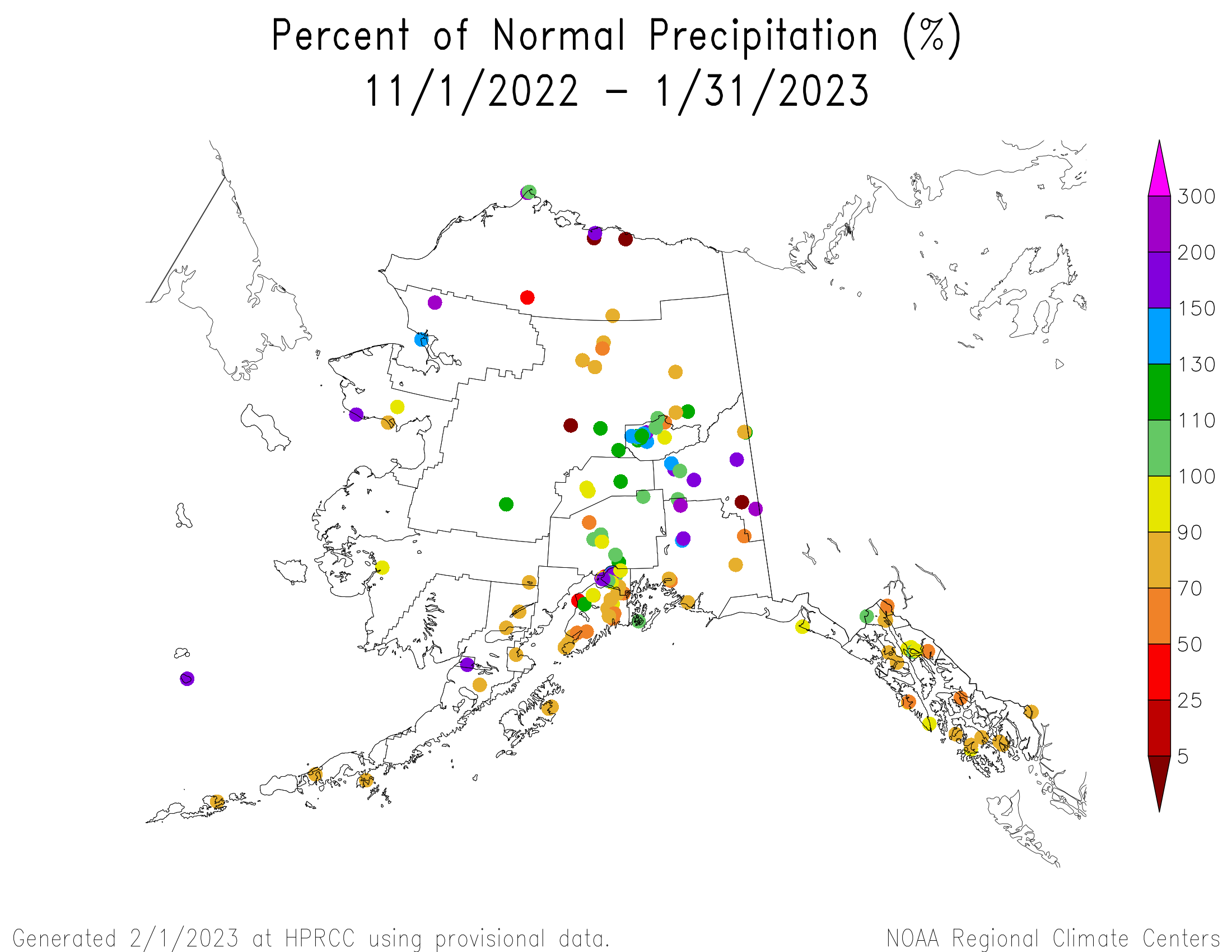 Alaska Percent of Normal Precipitation, November 2022-January 2023