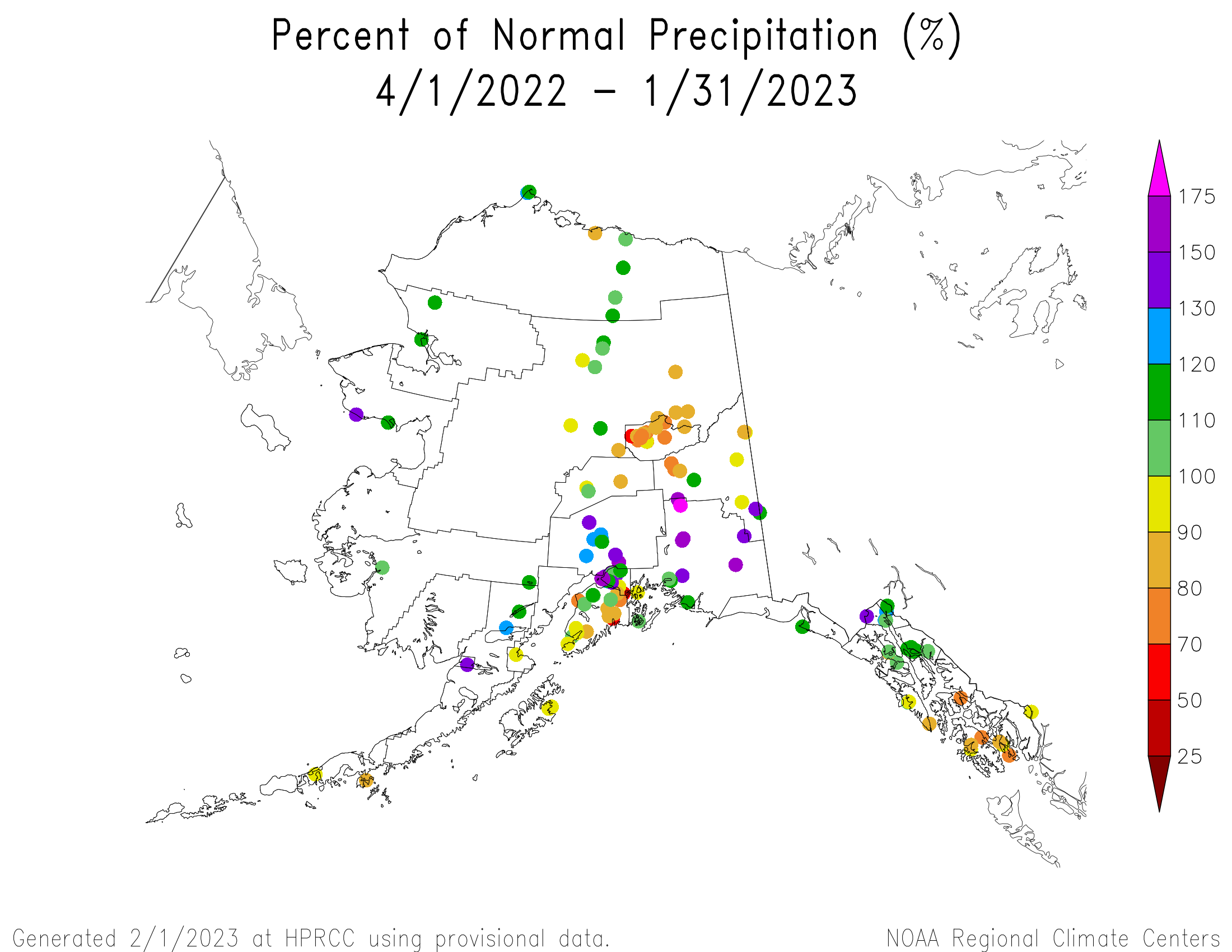 Alaska Percent of Normal Precipitation, April 2022-January 2023
