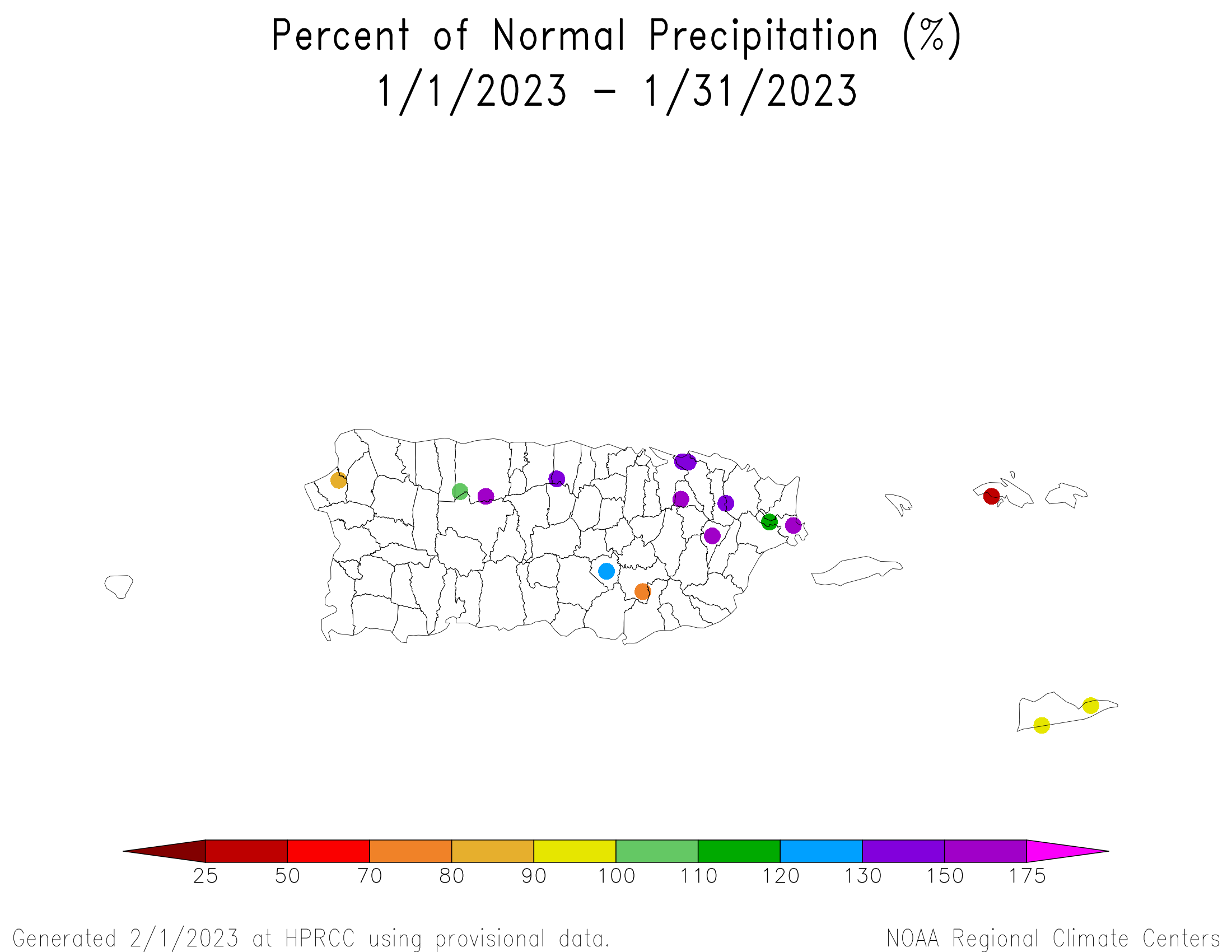 Puerto Rico and US Virgin Islands Percent of Normal Precipitation, January 2023